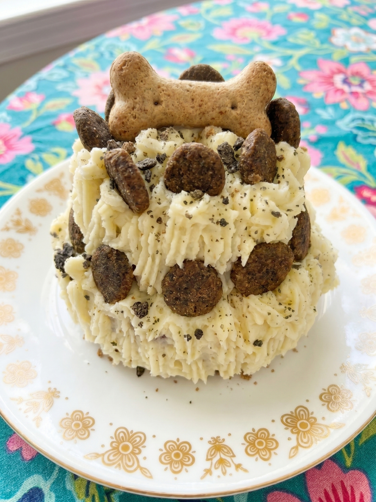 Bol jaune rempli de petits cubes de gateau pour chien au thon prêts à servir comme friandises.