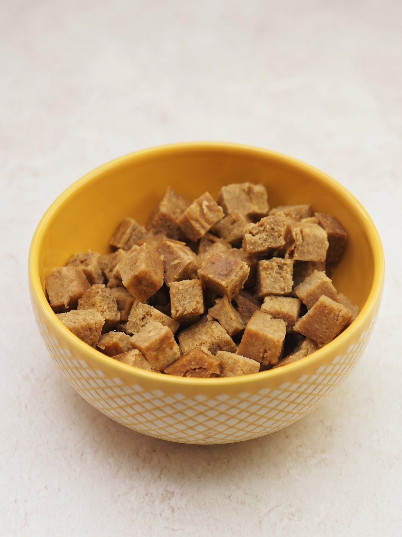Une part coupée d'un gateau pour chien au thon révélant une texture moelleuse et riche en thon.