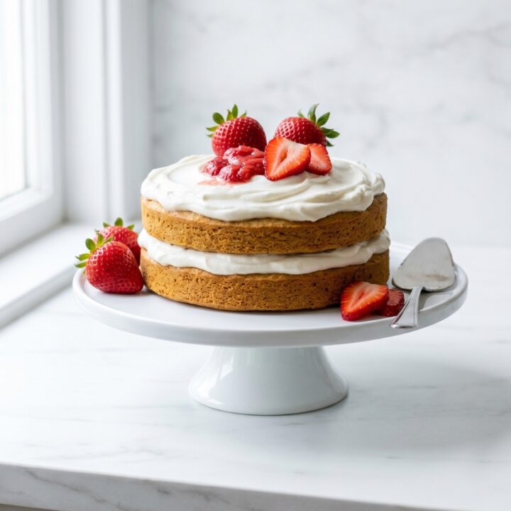 Un gateau pour chien naturel à deux étages avec glaçage blanc et fraises fraîches.