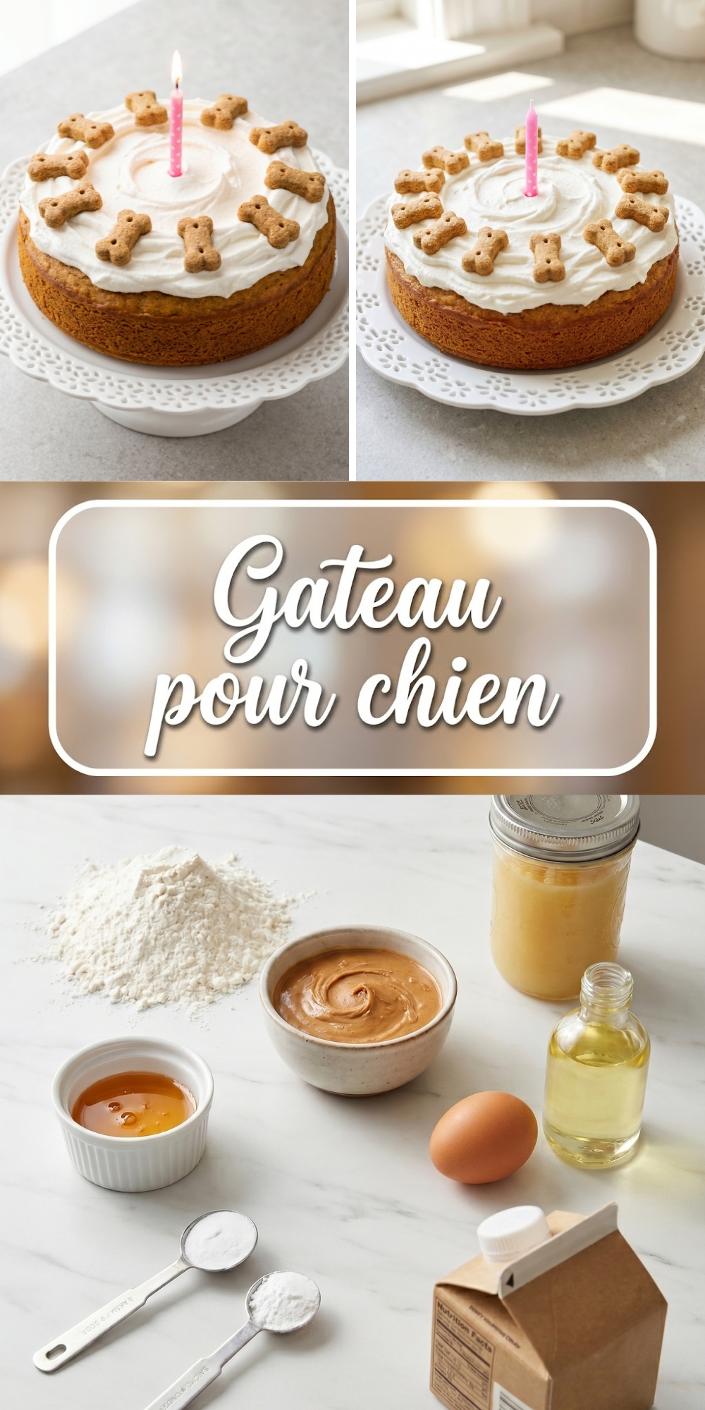 Collage montrant un gateau pour chien entier, une part coupée et le texte gateau pour chien.