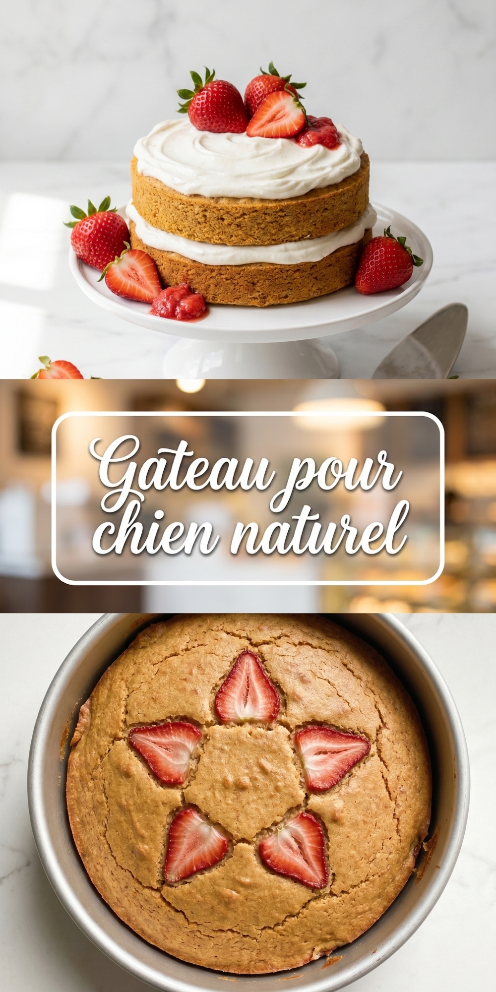 A two-tier gateau pour chien naturel topped with white frosting and fresh red strawberries.