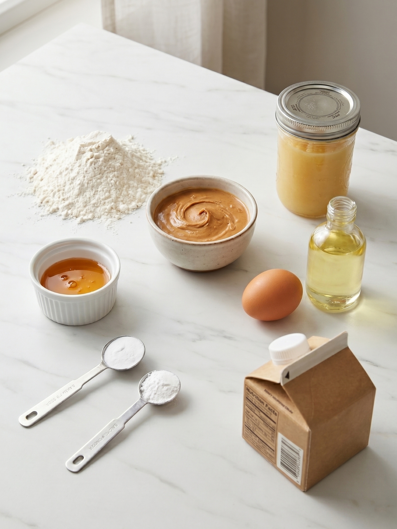 Ingrédients pour un gateau pour chien, oeuf, farine, miel et beurre de cacahuète sur marbre.