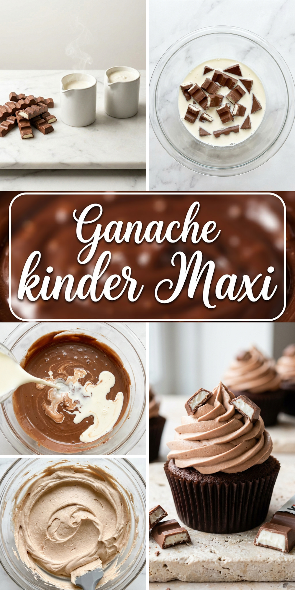 Infographie montrant les étapes de fabrication de la ganache Kinder Maxi avec texte central.