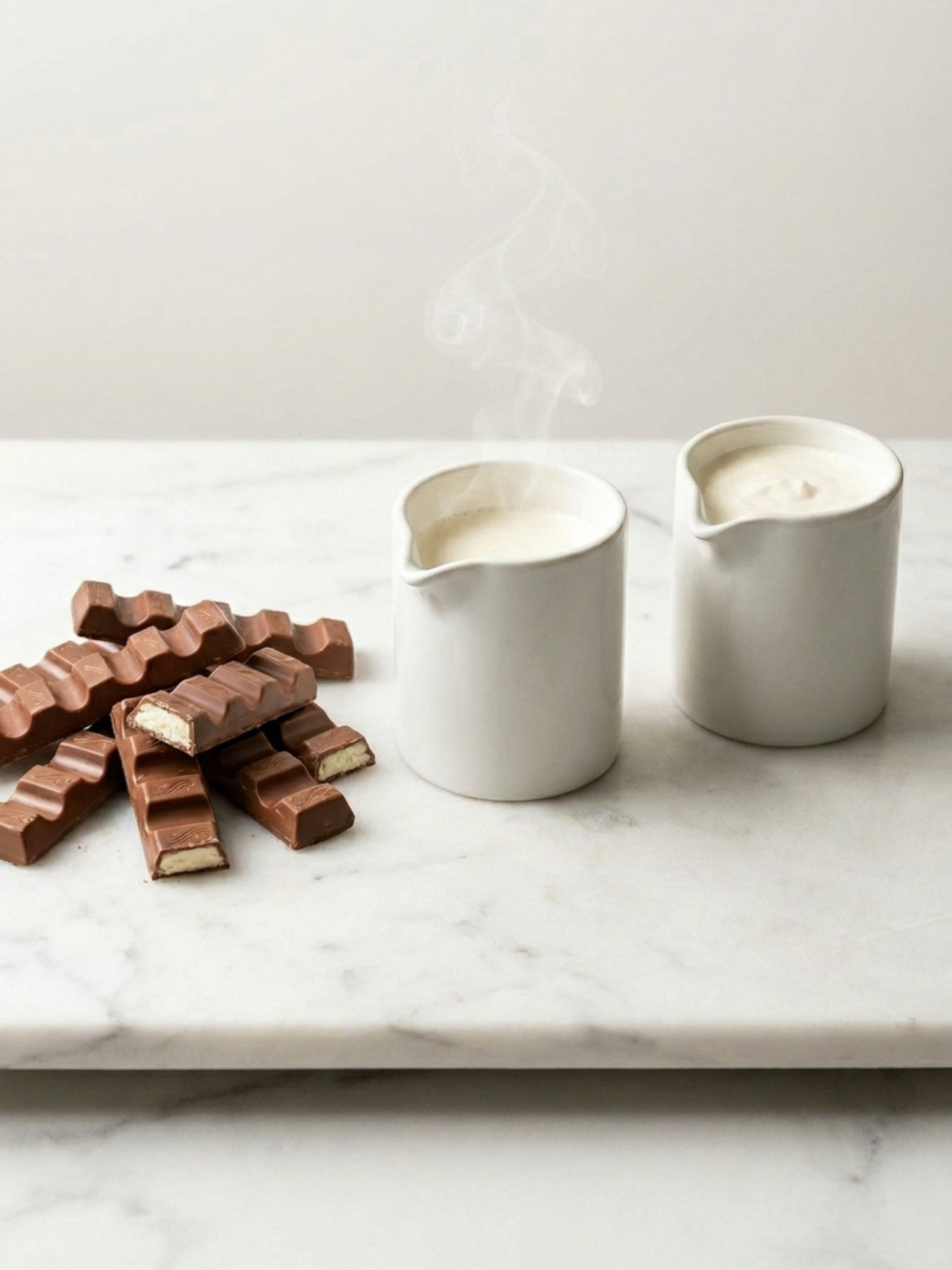 Barres de chocolat Kinder Maxi coupées à côté de deux pots en céramique blanche remplis de crème.