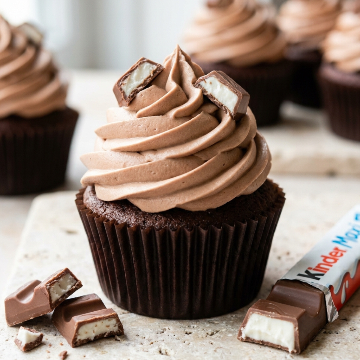 Cupcake au chocolat surmonté d'un glaçage poché à la ganache Kinder Maxi et de morceaux de chocolat.