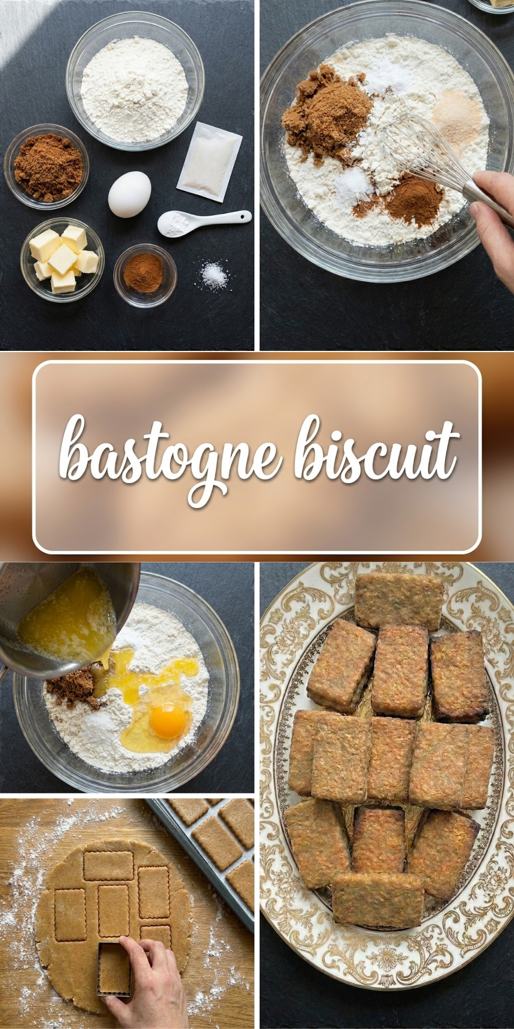 Collage d'étapes pour faire un bastogne biscuit, des ingrédients bruts au biscuit cuit.