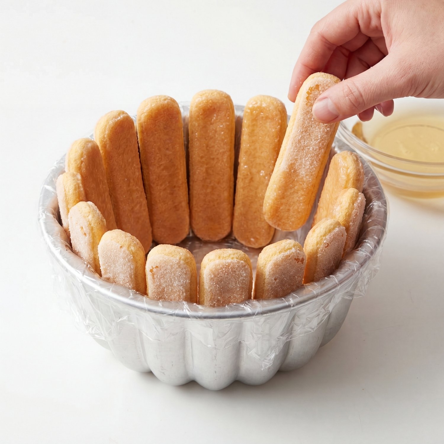 Montage des biscuits à la cuillère imbibés sur les parois d'un moule à charlotte tapissé de film étirable.