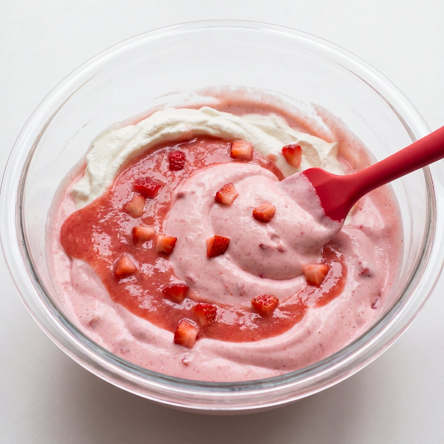 Incorporation délicate du coulis et de morceaux de fraises dans la crème chantilly à l'aide d'une maryse rouge.