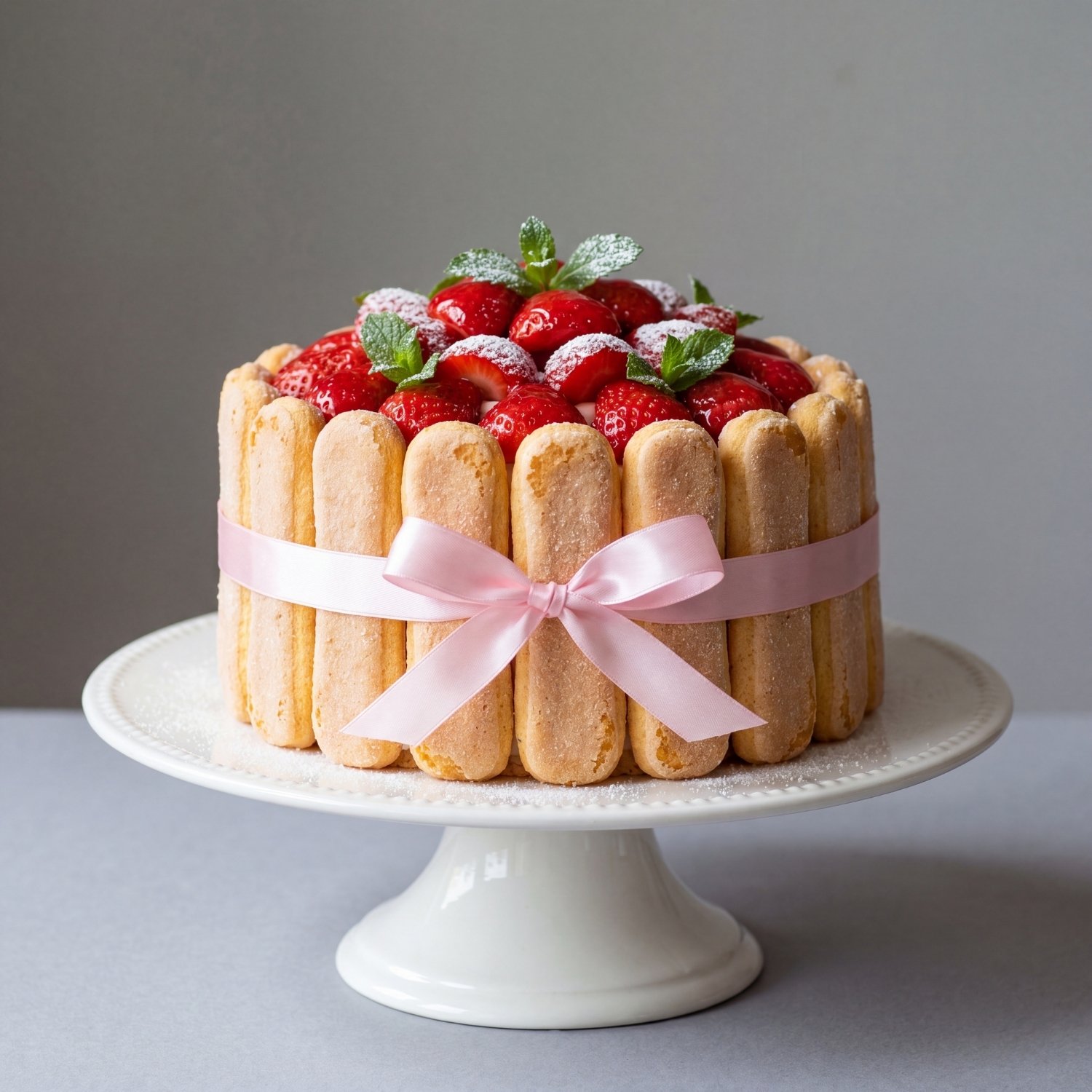 Charlotte aux fraises démoulée sur plat de service avec une garniture de fraises brillantes et de feuilles de menthe fraîche.