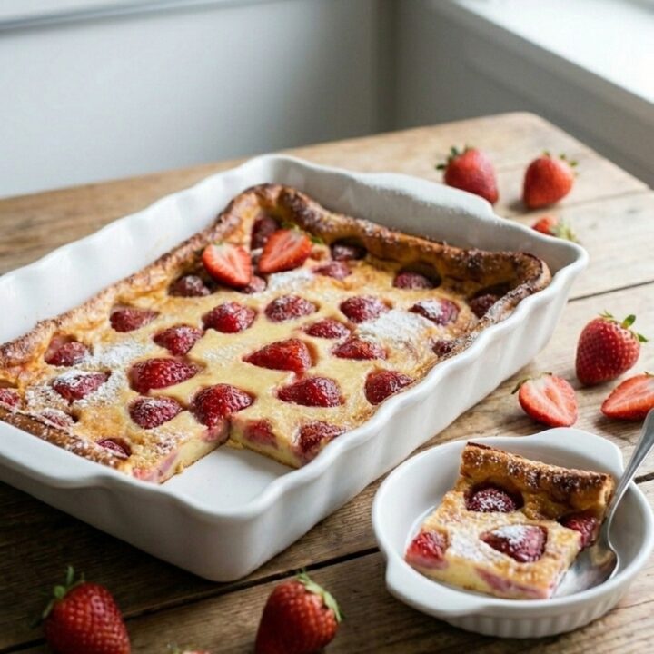 Plat de clafoutis aux fraises avec une part servie dans une assiette blanche.