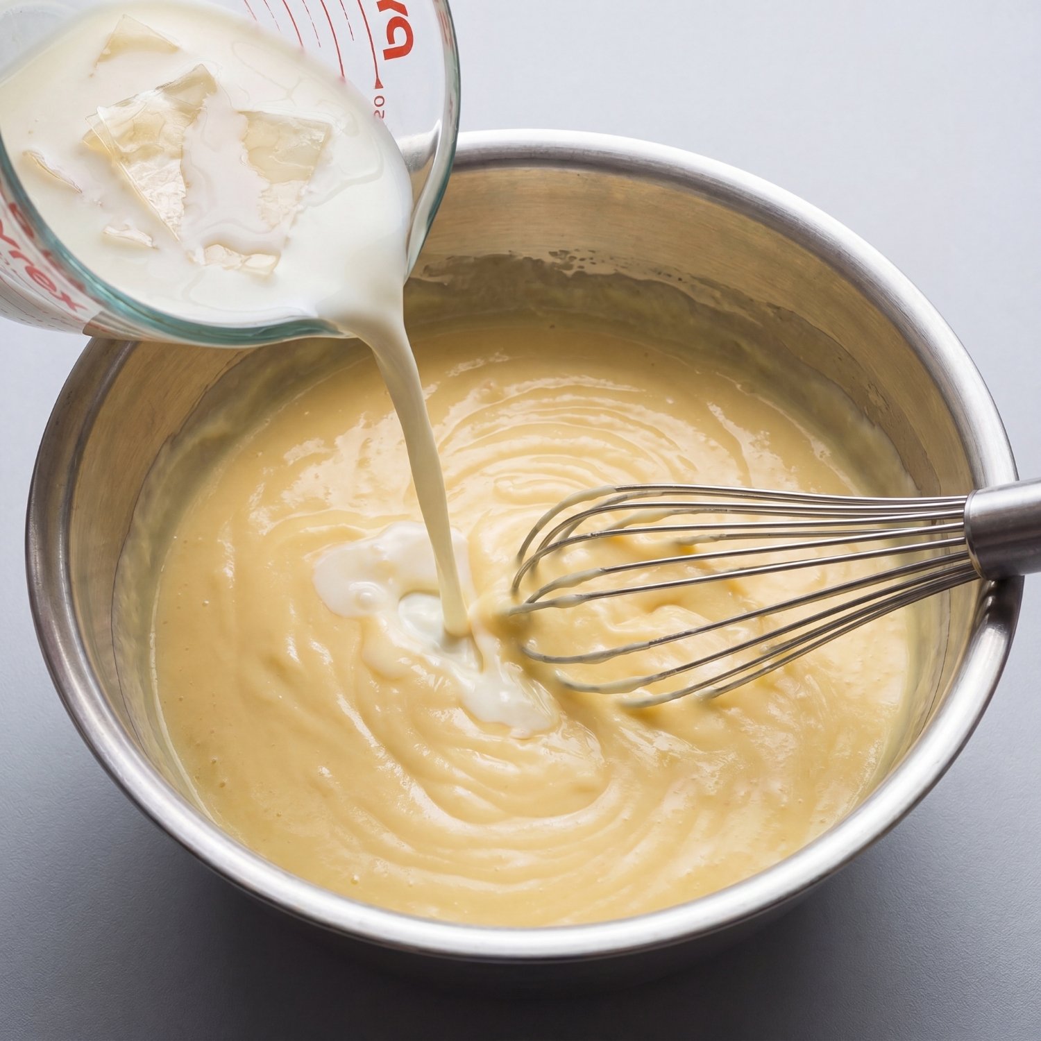 Ajout du mélange de gélatine dissoute dans la crème pâtissière tiède à l'aide d'un fouet de cuisine.