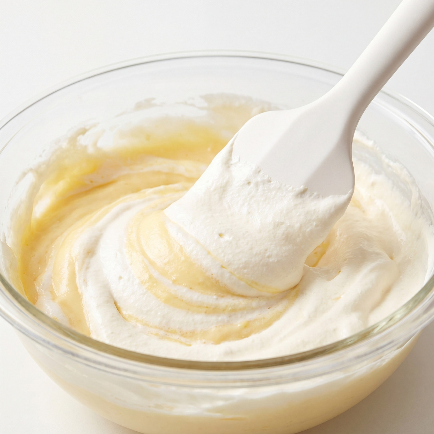 Mélange délicat à la maryse de la crème chantilly aérienne dans la base de crème pâtissière vanille.