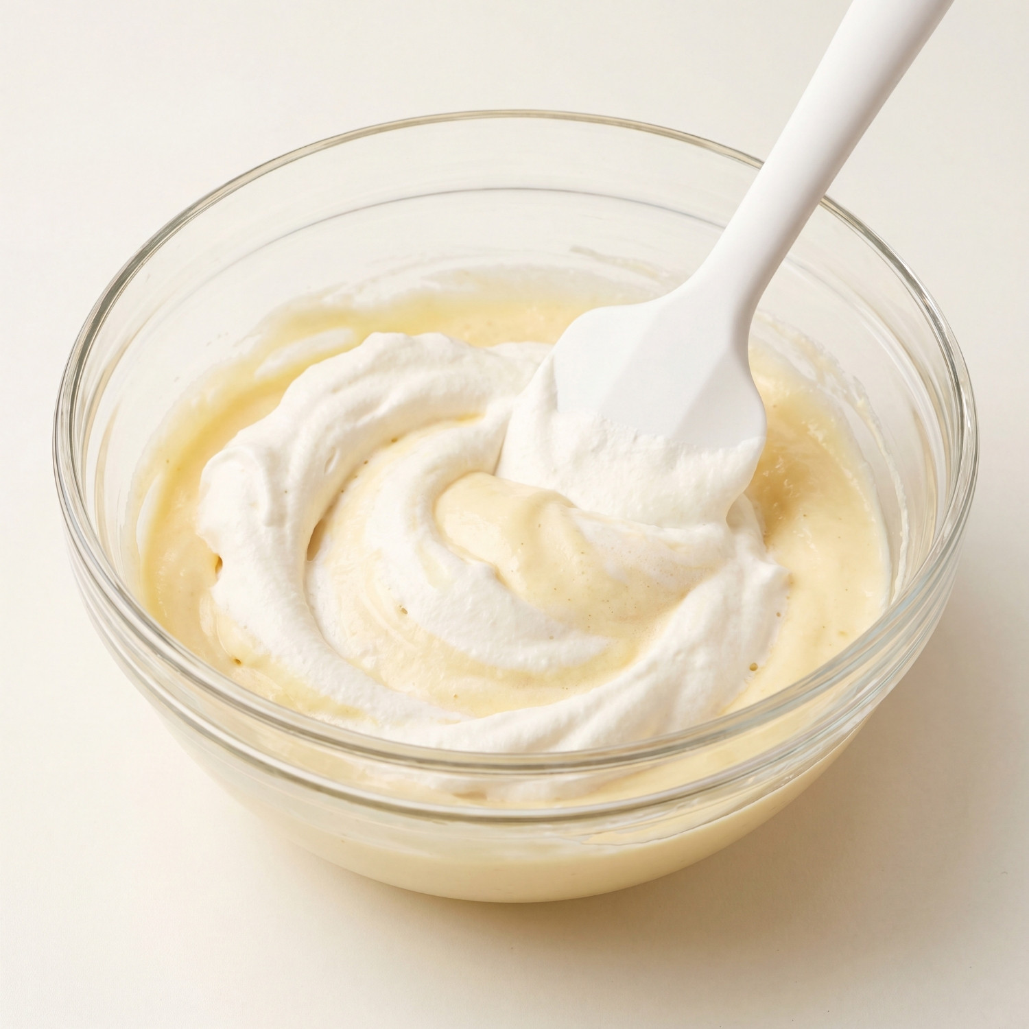 Crème diplomate finale lisse et onctueuse dans un bol en verre après l'intégration complète de la chantilly.
