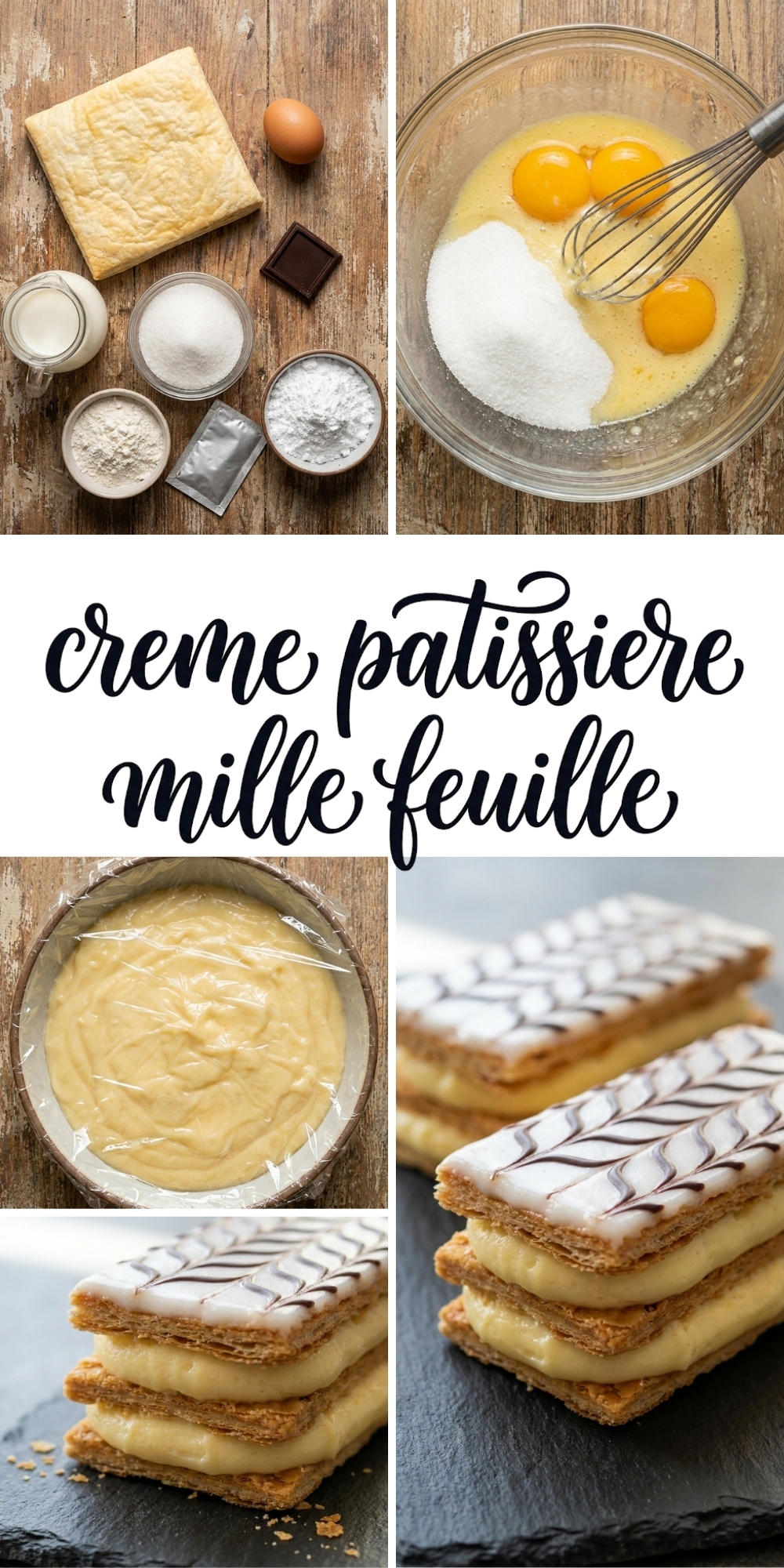 Collage photo montrant les ingrédients et les étapes pour réussir la crème pâtissière mille feuille.