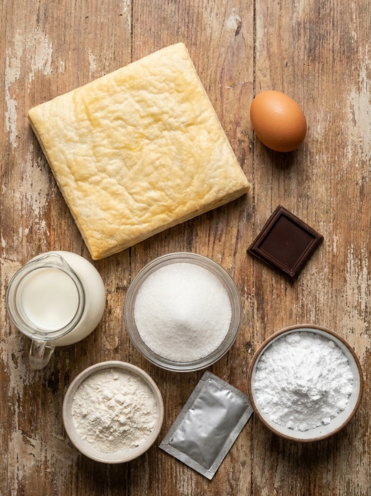 Photo à plat de lait, sucre, farine, œuf, chocolat et pâte feuilletée pour mille feuille.