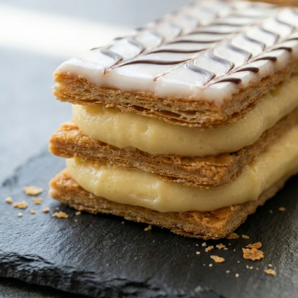 Gros plan d'un mille feuille à la crème pâtissière traditionnel posé sur une ardoise noire.