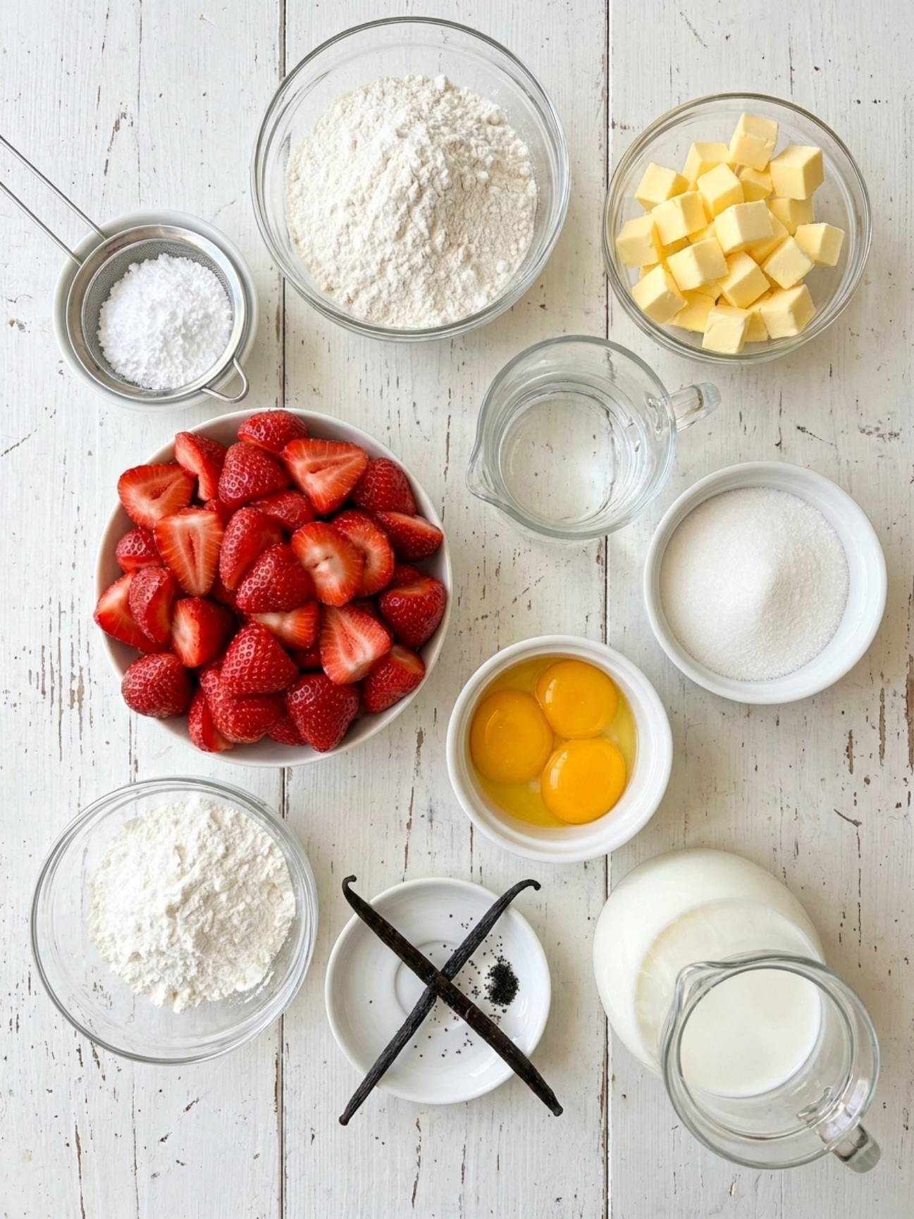 Ingrédients pesés pour crème pâtissière pour tarte aux fraises avec œufs, lait et beurre.