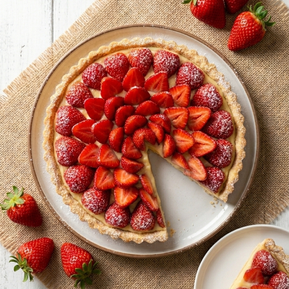 Tarte aux fraises brillante garnie de crème pâtissière pour tarte aux fraises de chef.