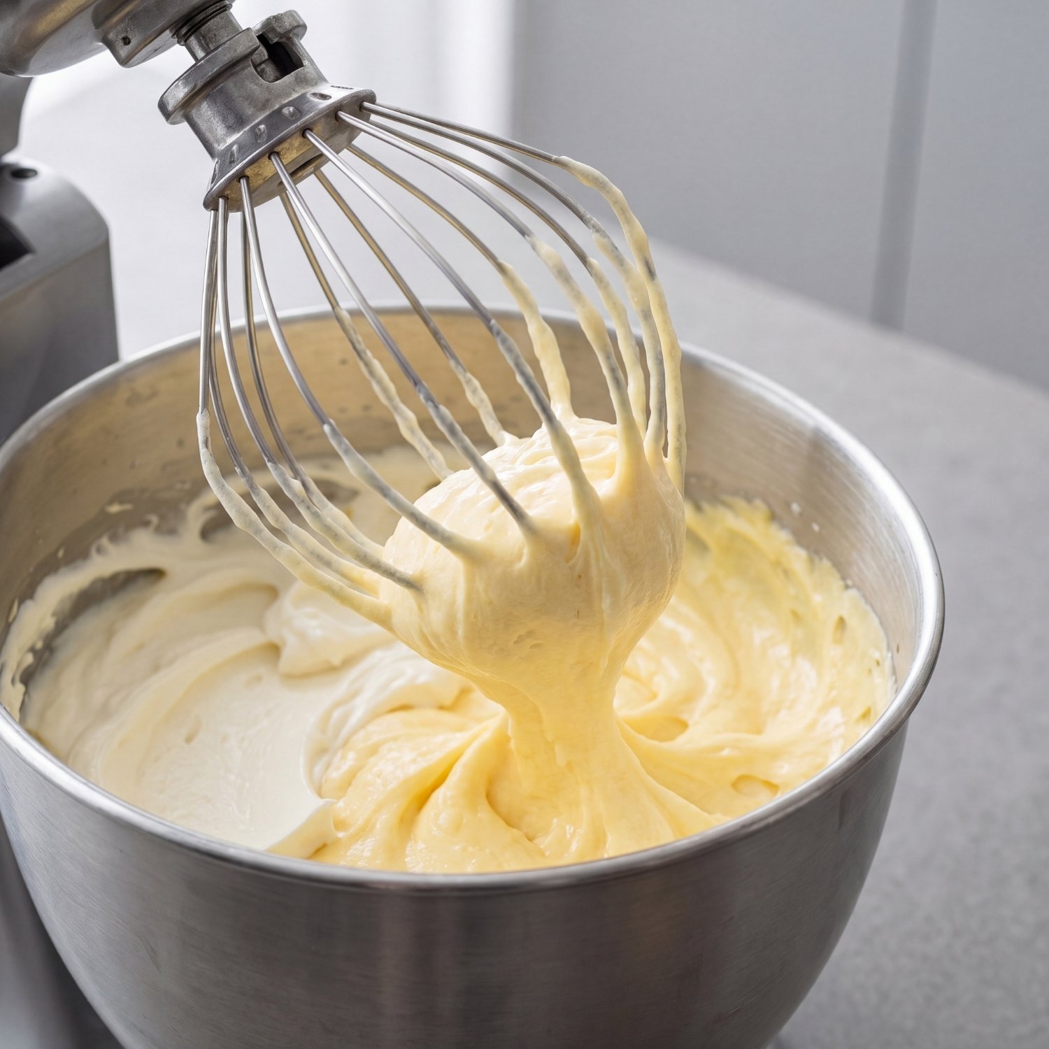 Crème mousseline vanille fouettée au robot pâtissier jusqu'à obtenir une texture lisse et onctueuse.
