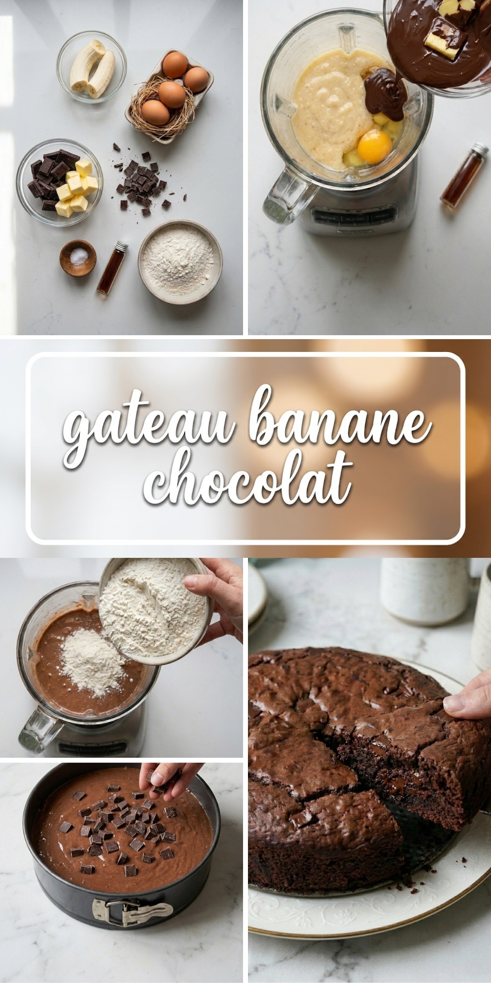 Collage photo montrant les étapes et le gâteau banane chocolat fini de cuire.