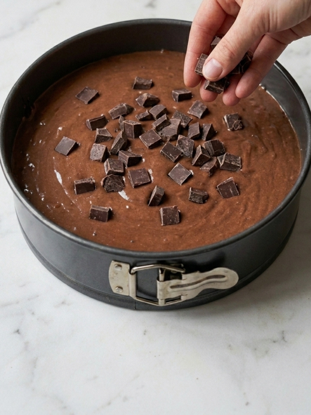 Pépites de chocolat ajoutées à la main sur la pâte du gâteau banane chocolat.