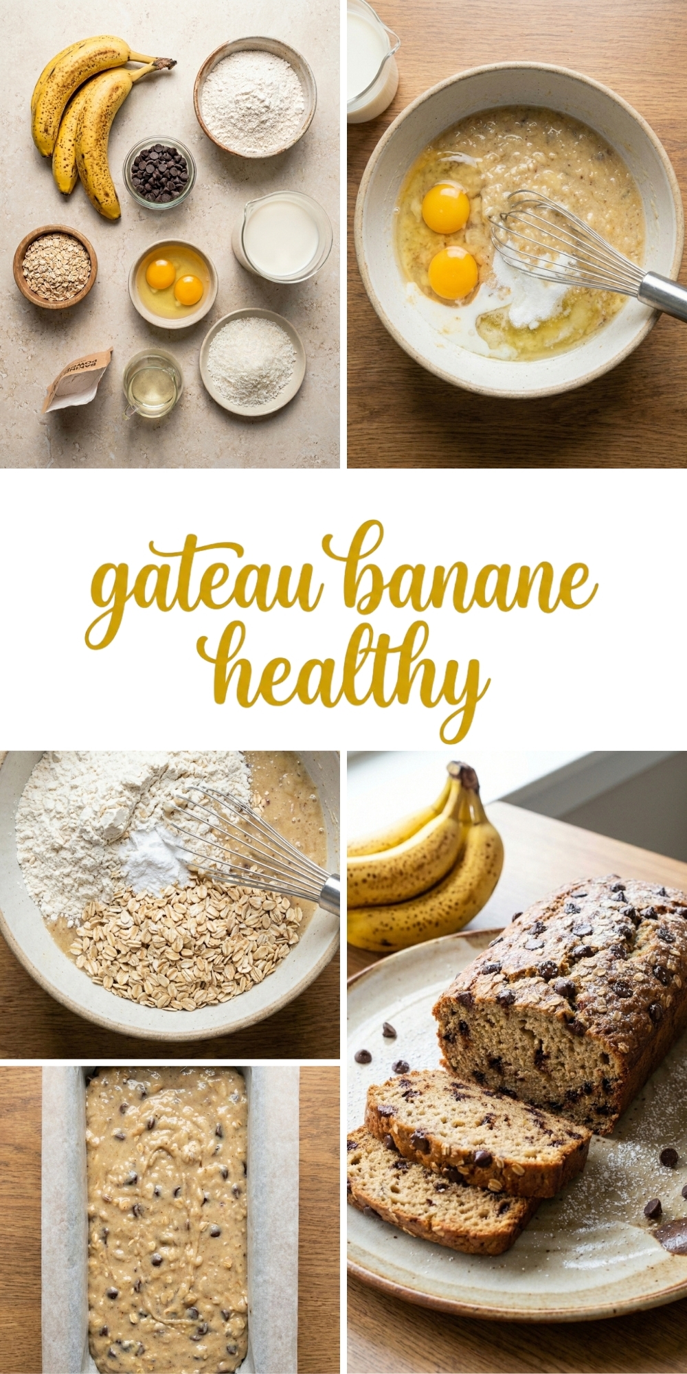 Infographie avec étapes de la recette du gâteau banane chocolat healthy en étapes.