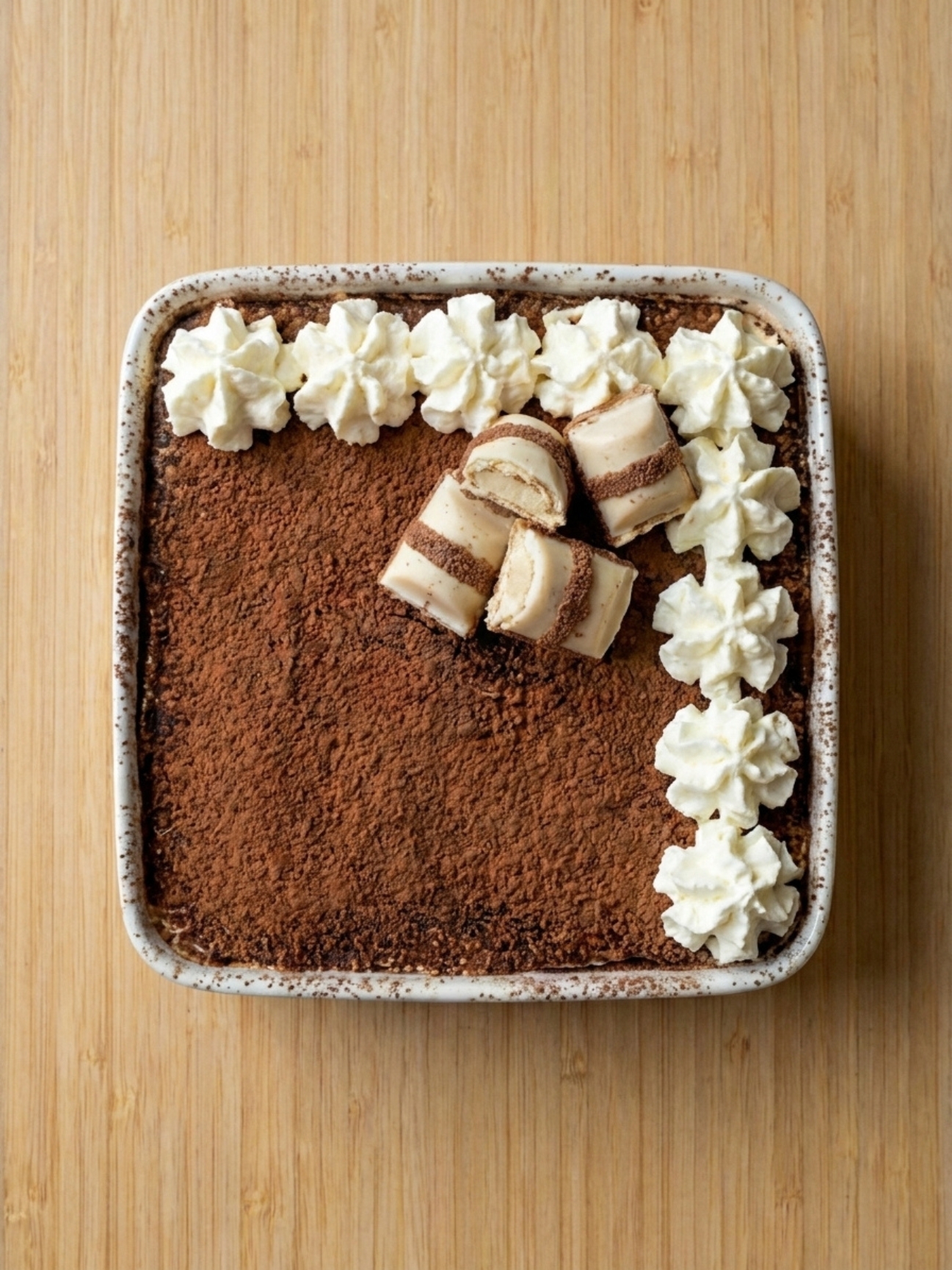 Plat carré de gâteau Kinder Bueno White saupoudré de cacao et décoré de chantilly.