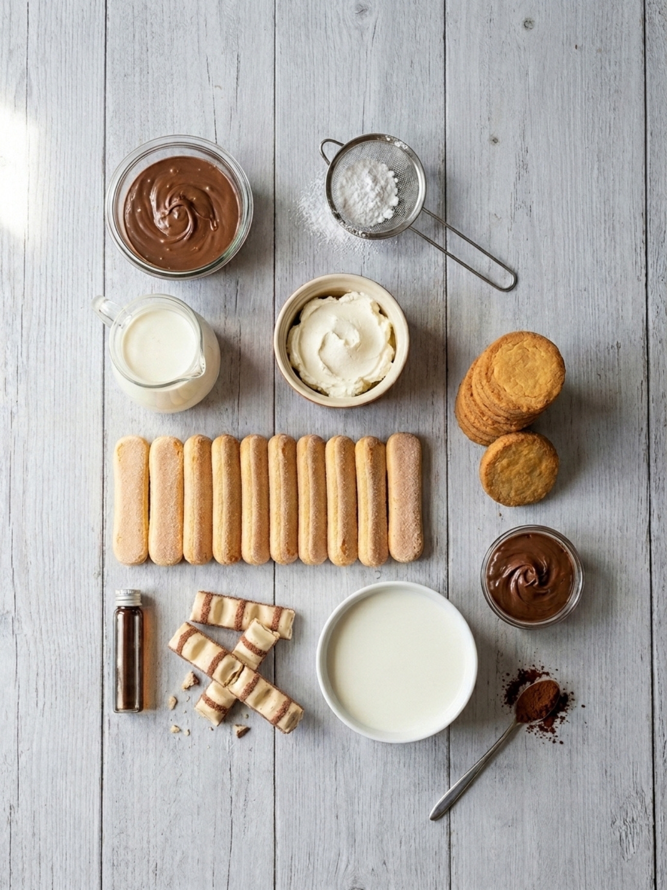 Ingrédients pour gâteau Kinder Bueno White avec biscuits, mascarpone, chocolat et crème.