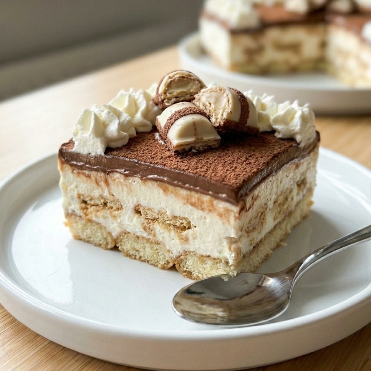 Une part individuelle de gâteau Kinder Bueno White servie dans une assiette blanche.