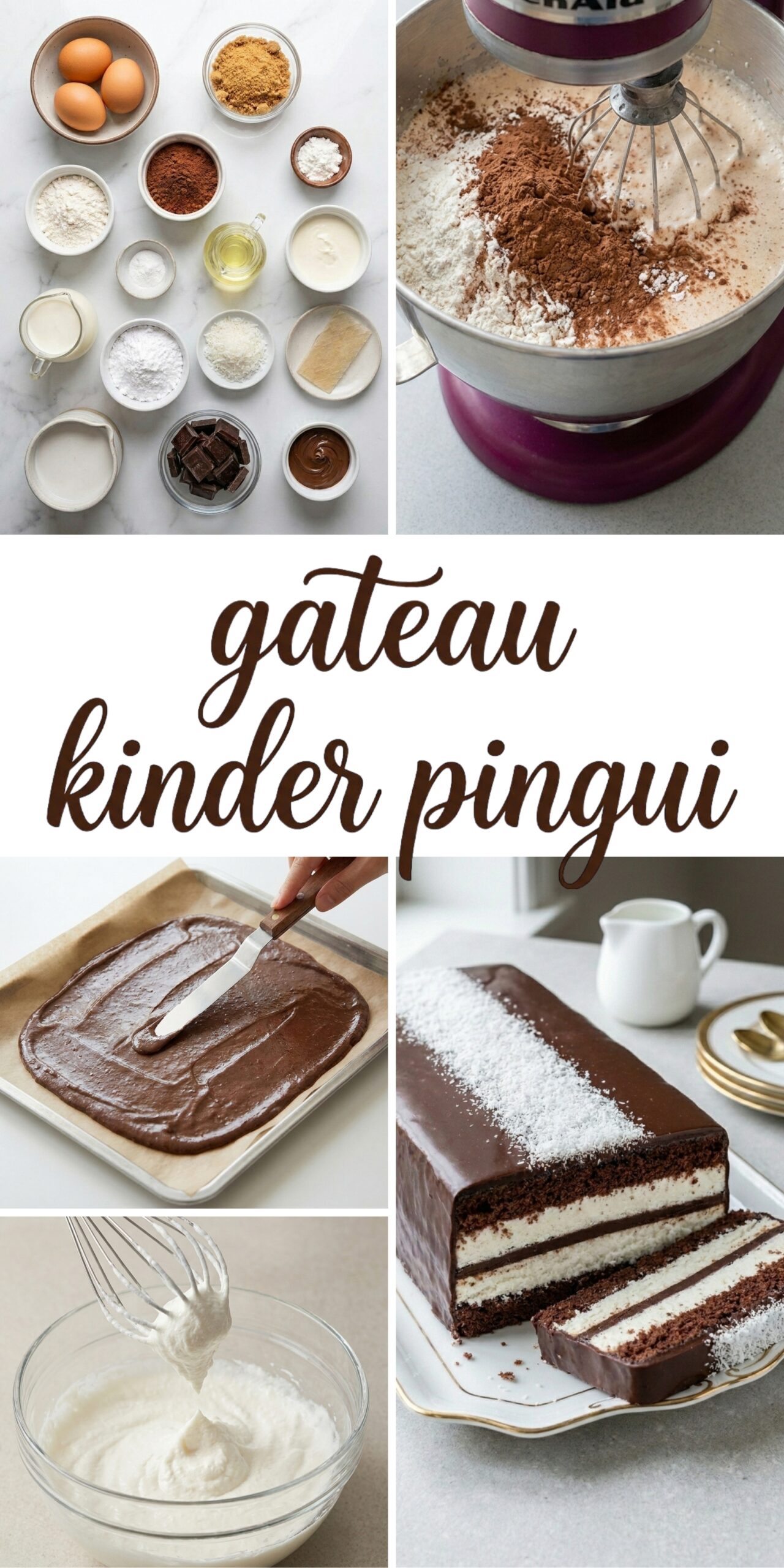 Infographie montrant les étapes de fabrication du gâteau Kinder Pingui maison.