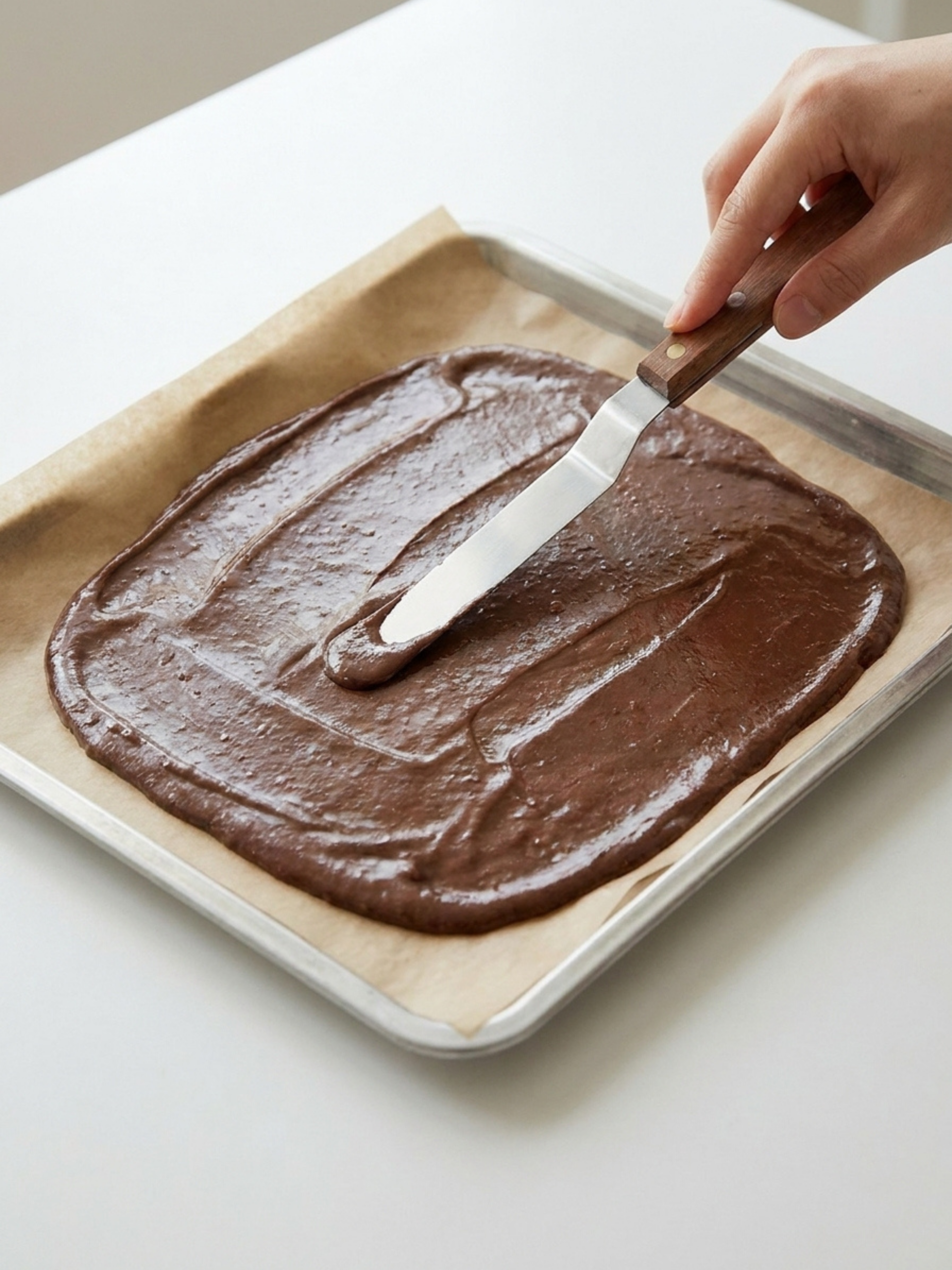Pâte à gâteau Kinder Pingui étalée sur une plaque de cuisson avec une spatule coudée.