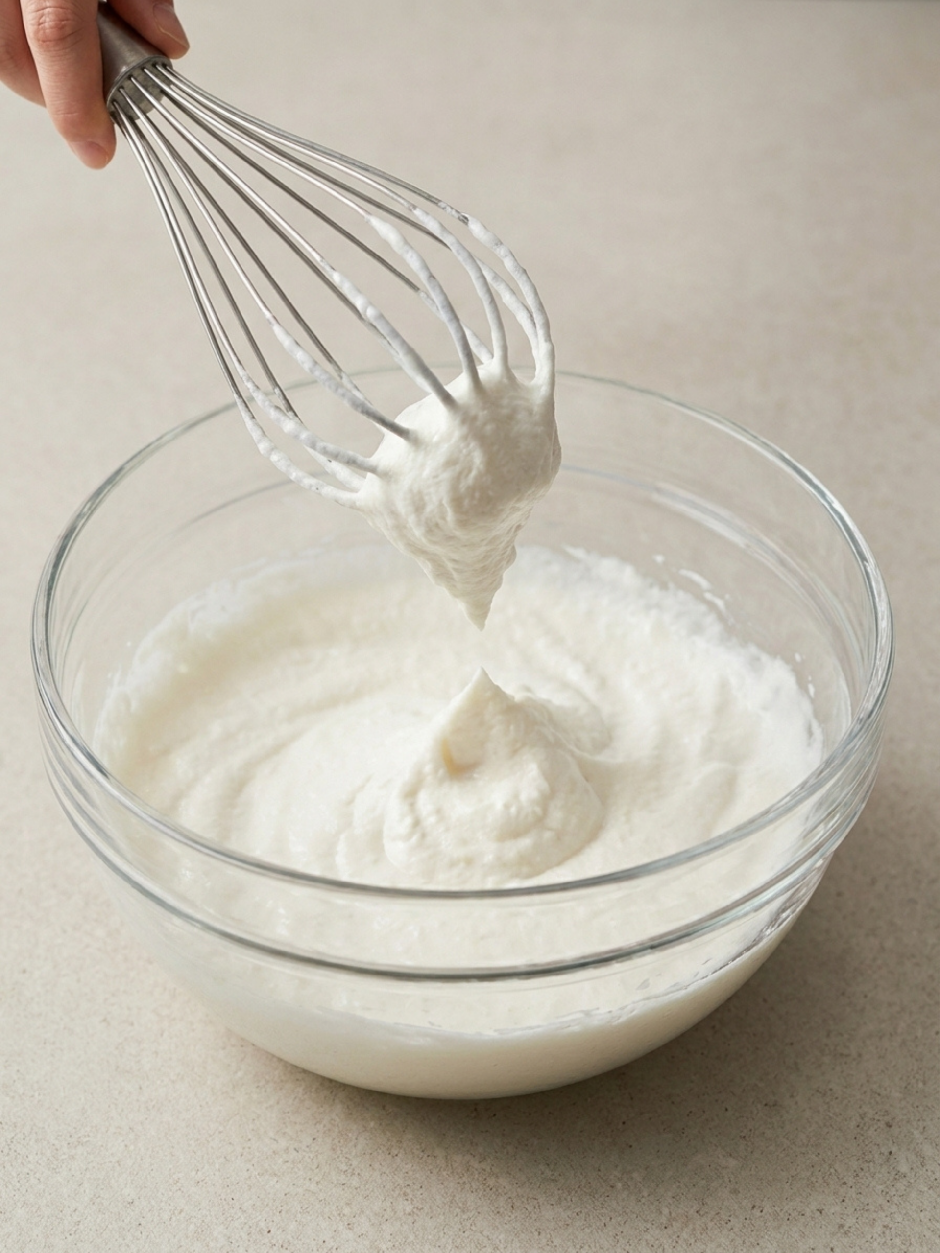 Crème blanche ferme pour gâteau Kinder Pingui sur les fils d'un fouet de cuisine.