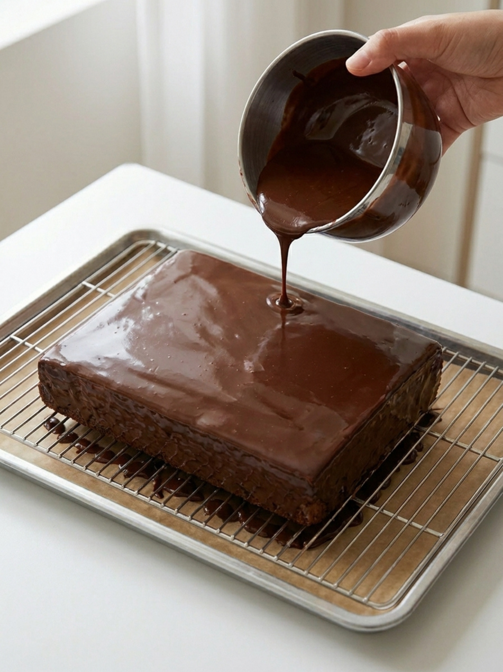 Chocolat fondu versé sur un gâteau Kinder Pingui posé sur une grille de refroidissement.