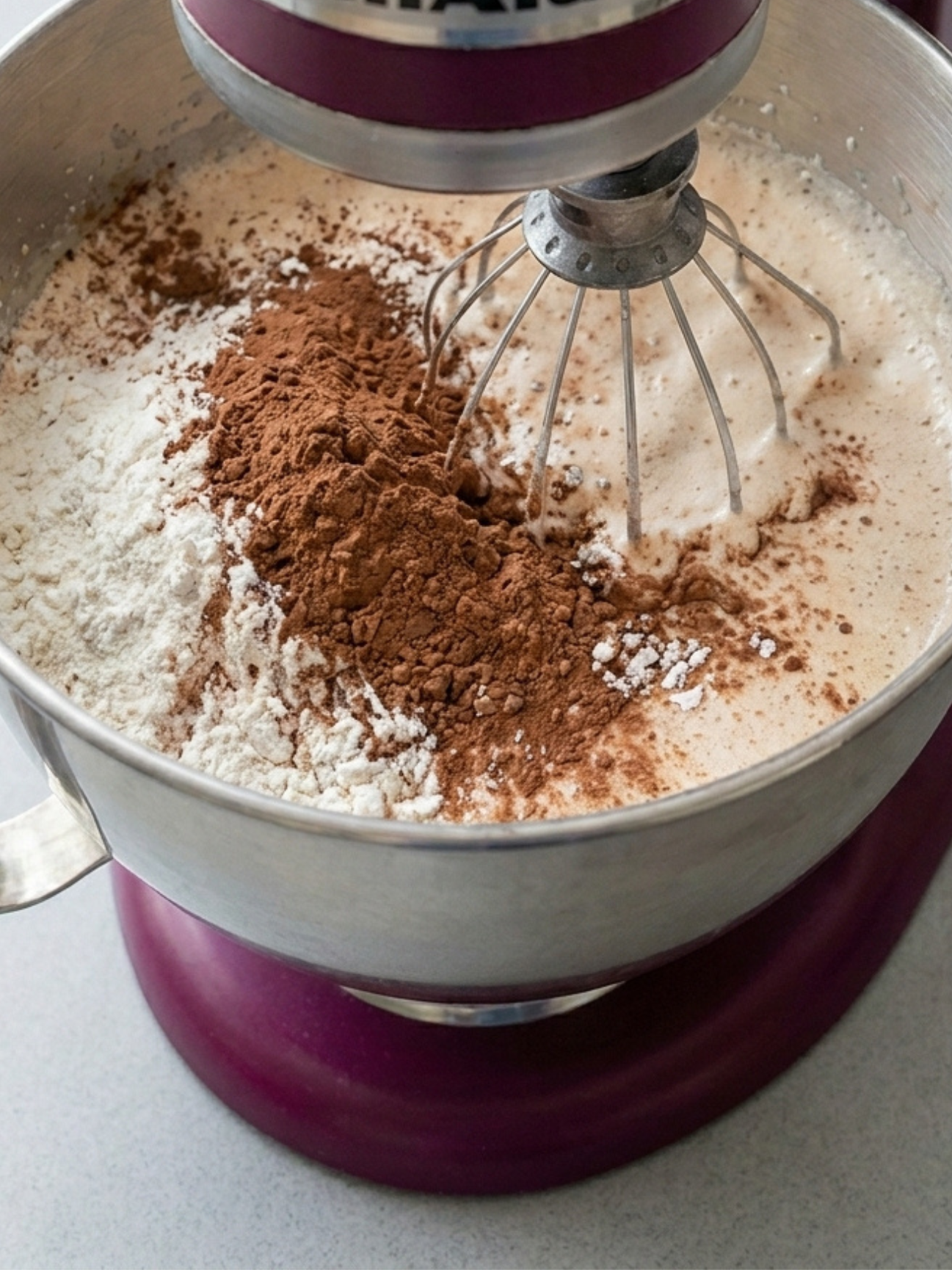 Farine et cacao ajoutés dans le bol d'un robot pâtissier pour gâteau Kinder Pingui.