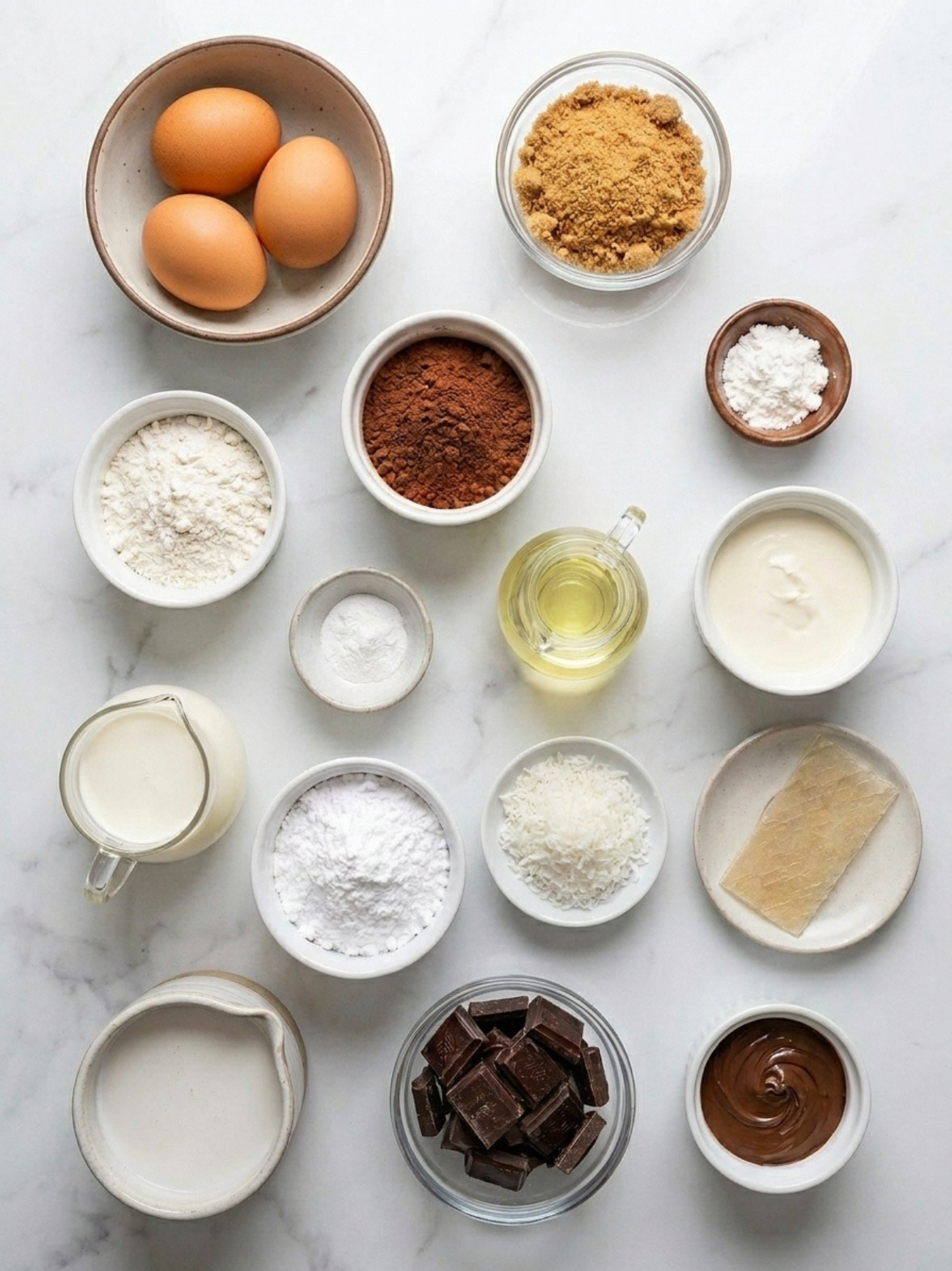 Ingrédients pour gâteau Kinder Pingui maison posés à plat sur une table en marbre blanc.