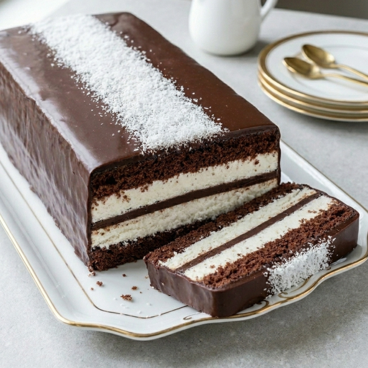 Gâteau Kinder Pingui maison coupé en tranches, décoré de noix de coco râpée sur un plat.