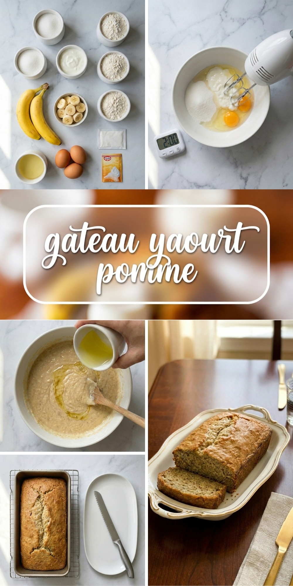 Collage étape par étape pour réussir un délicieux gateau yaourt banane fait maison au four.