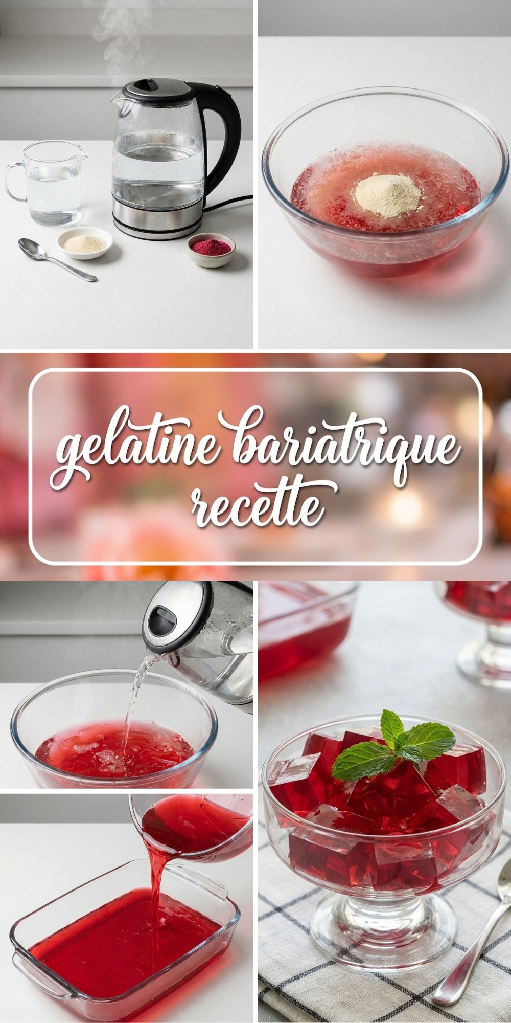 Infographie avec étapes de préparation contenant le texte gelatine bariatrique recette au centre
