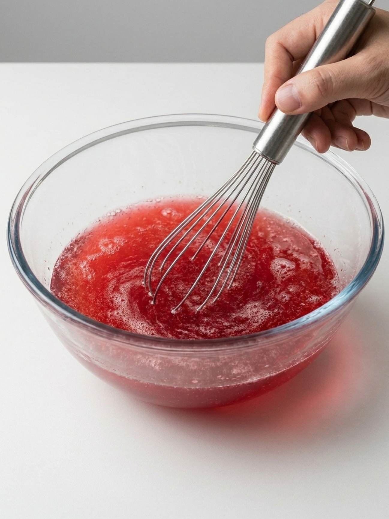 Un fouet mélangeant une préparation rouge dans un bol pour la gelatine bariatrique recette.