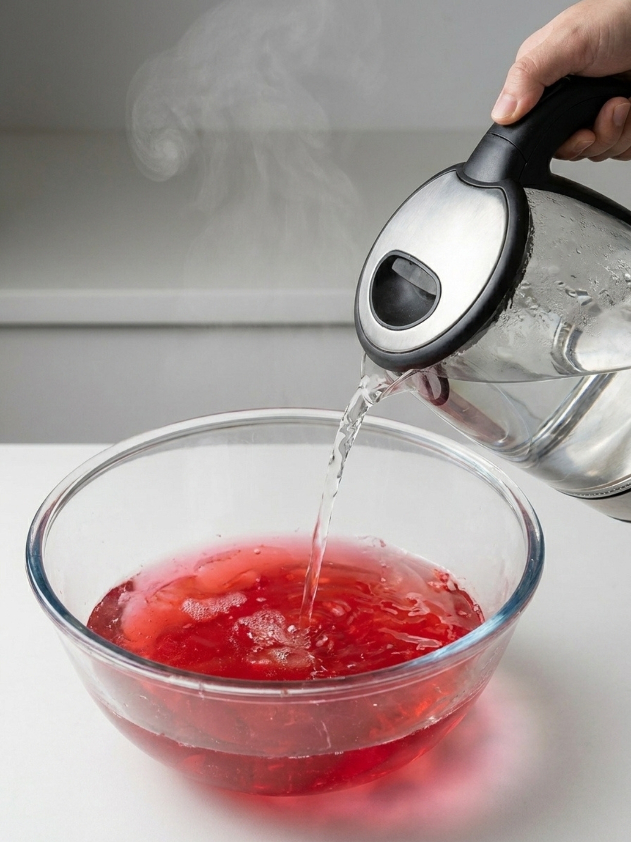 : De l'eau bouillante versée d'une bouilloire pour la gelatine bariatrique recette minceur.