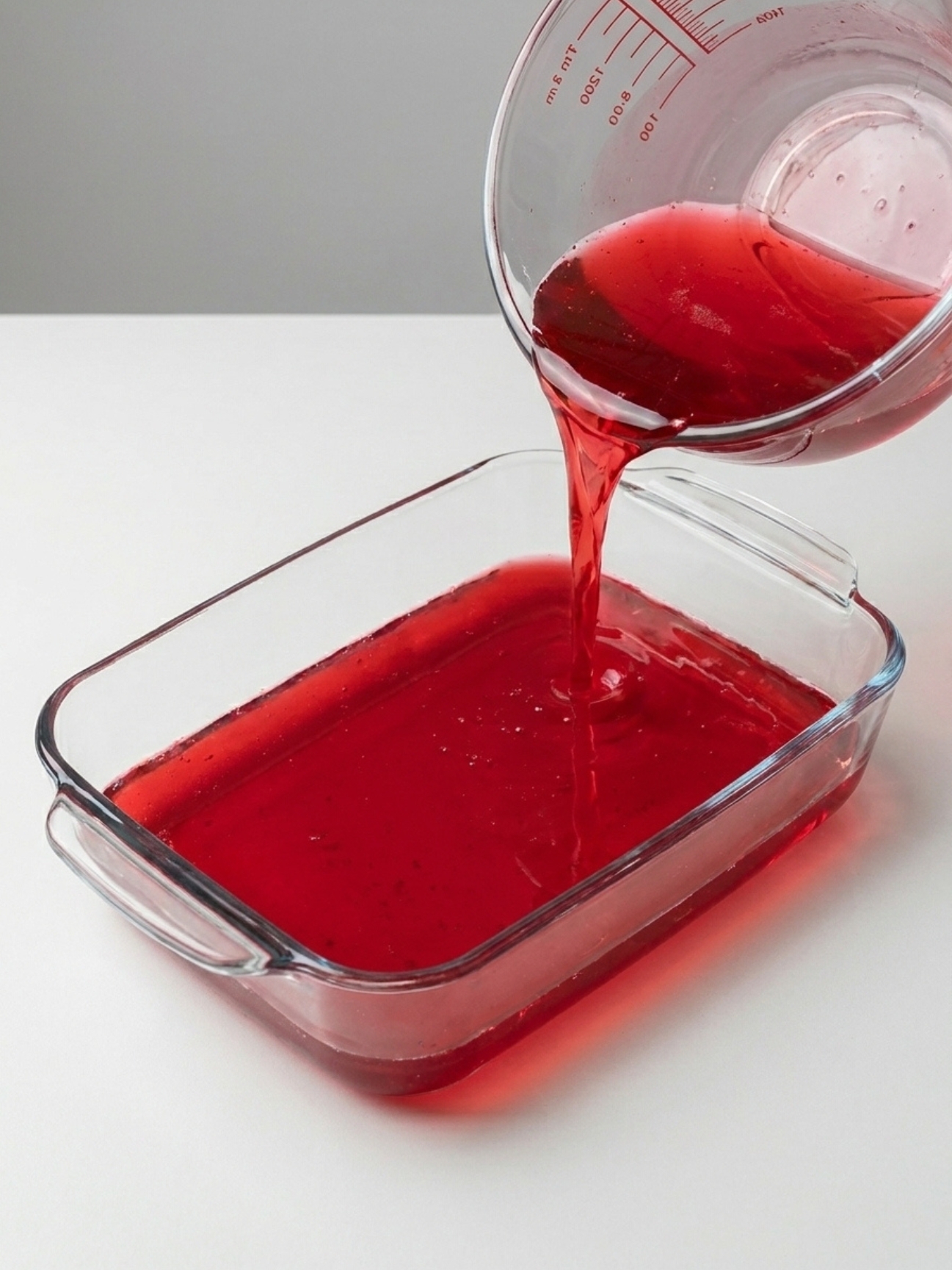 Un liquide rouge versé dans un plat transparent pour la gelatine bariatrique recette d'été.