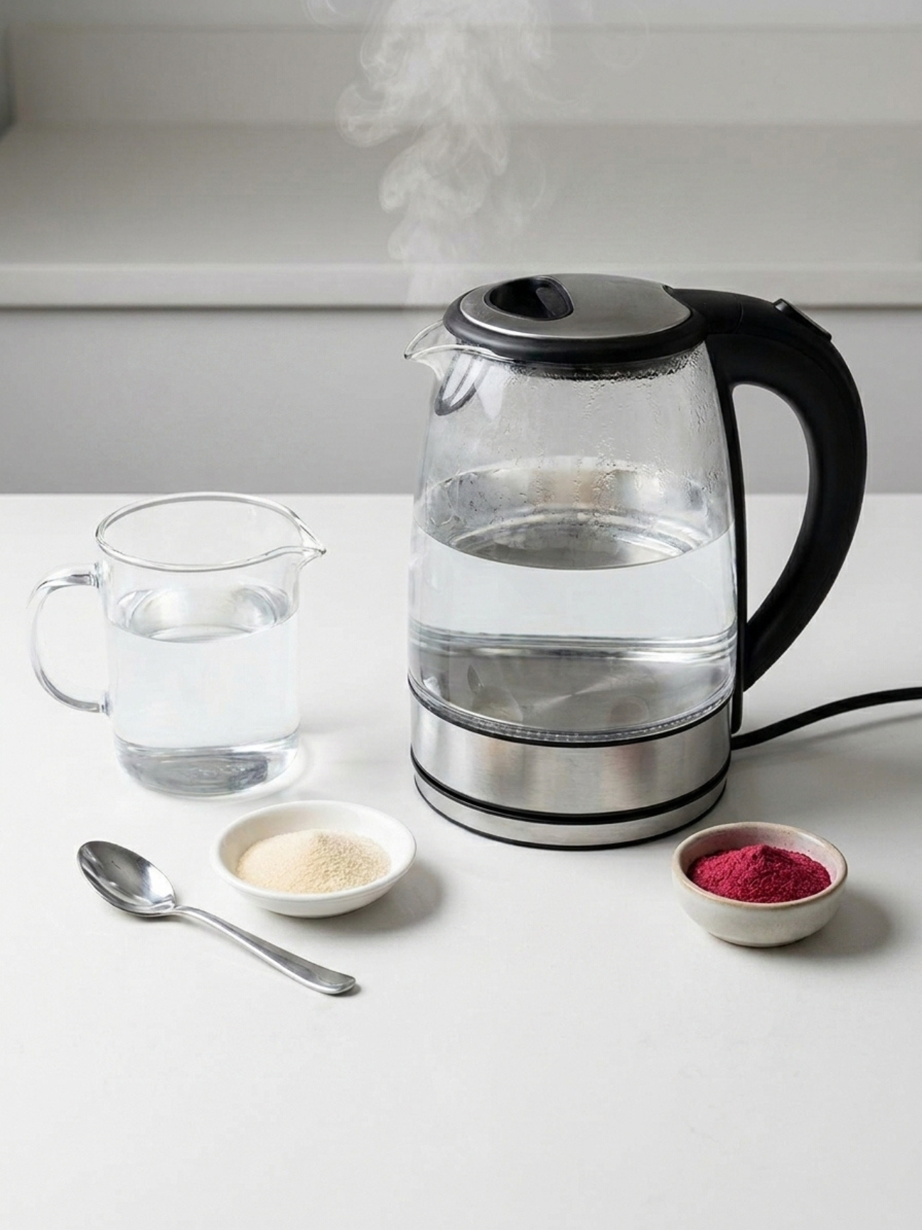 Une bouilloire transparente avec de l'eau, de la poudre rose et la gelatine bariatrique recette