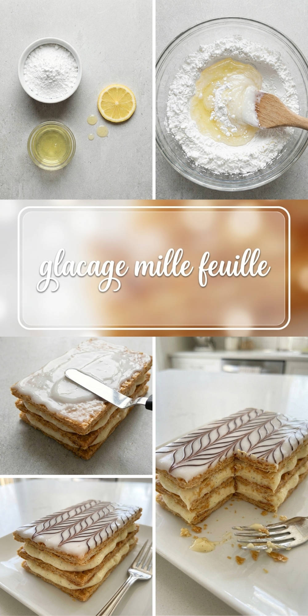 Collage d étapes montrant la préparation et la pose d un glaçage mille feuille fait maison.