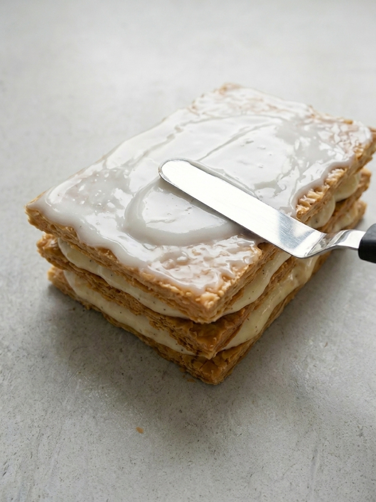 Spatule étalant délicatement un glaçage mille feuille blanc sur un gâteau feuilleté.