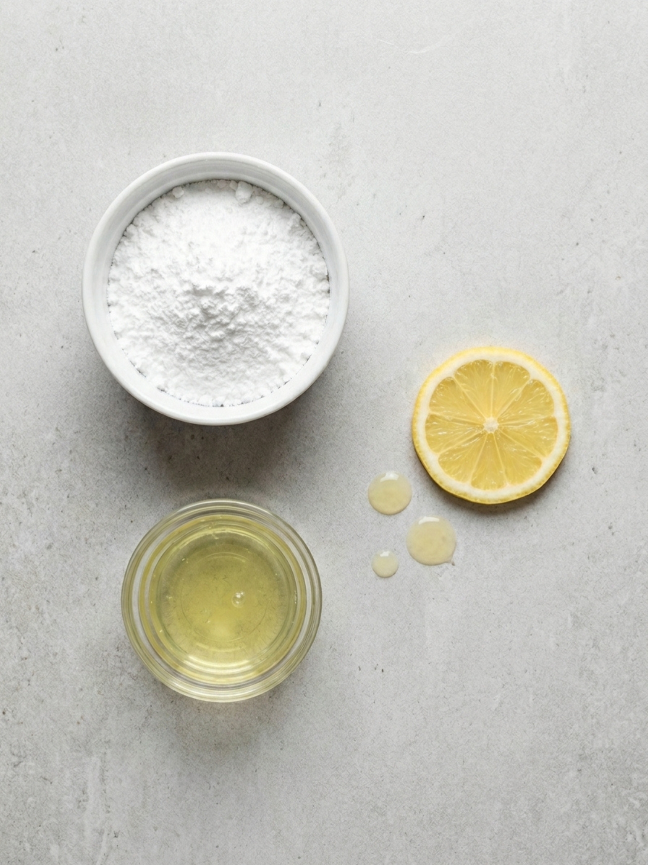 Ingrédients bruts pour glacage mille feuille avec sucre glace, blanc d oeuf et tranche de citron.