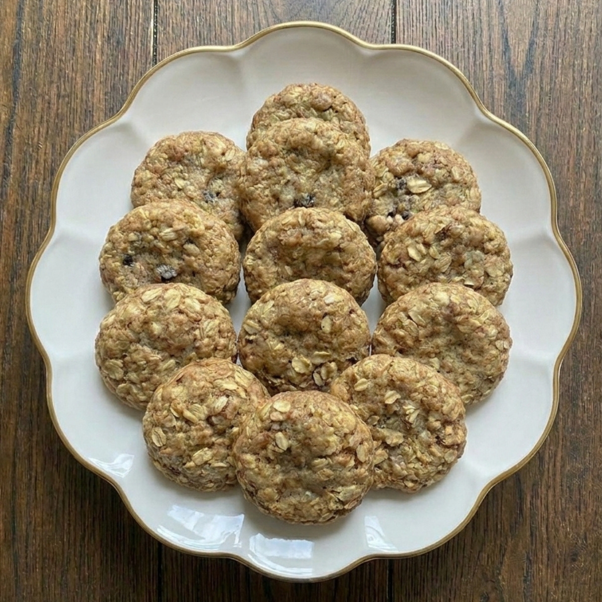 Vue de dessus de biscuits dorés faits avec un biscuit flocon d'avoine sur une assiette blanche.