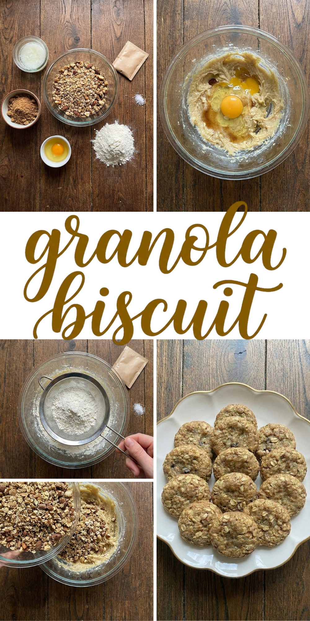 Collage vertical montrant les étapes de préparation du granola biscuit avec du texte écrit.