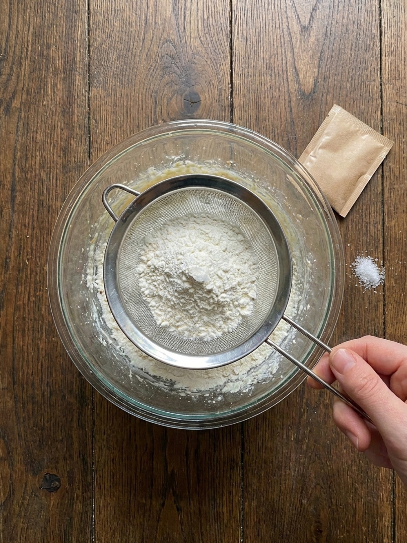 Tamiser de la farine blanche dans un bol en verre pour la recette de granola biscuit.