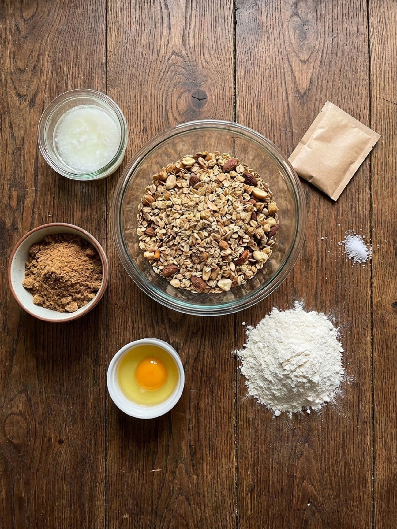 Ingrédients pour granola biscuit avec flocons d'avoine, sucre brun, œuf et granola maison sur bois.