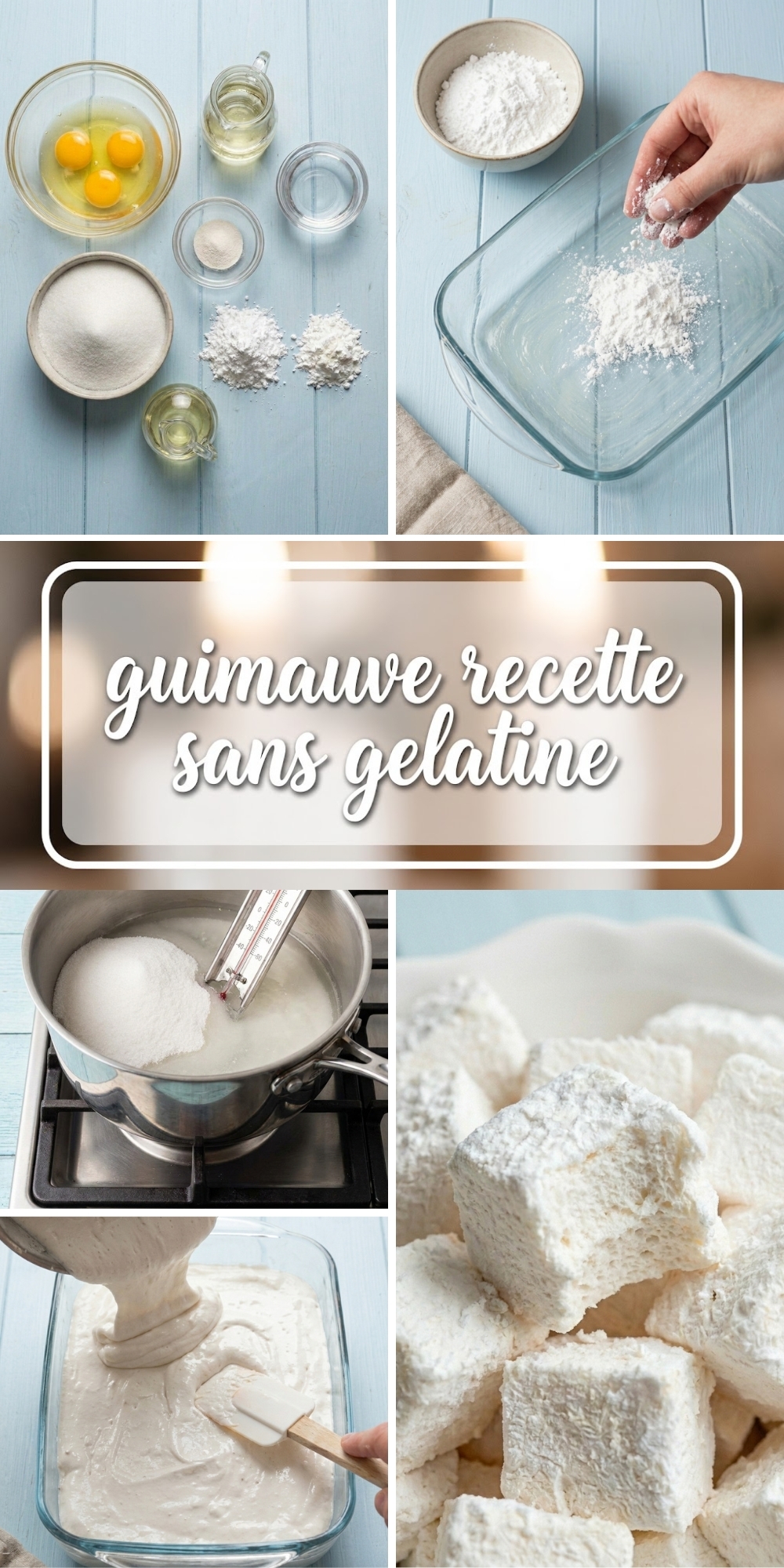 Un collage vertical montrant les étapes de la guimauve recette sans gelatine fait maison.